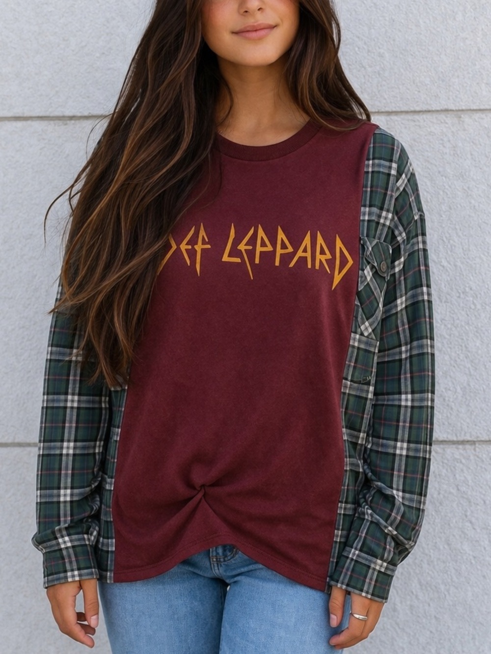 Upcycled Def Leppard Graphic Band Tee Plaid Lightweight Casual Long Sleeve Shirt